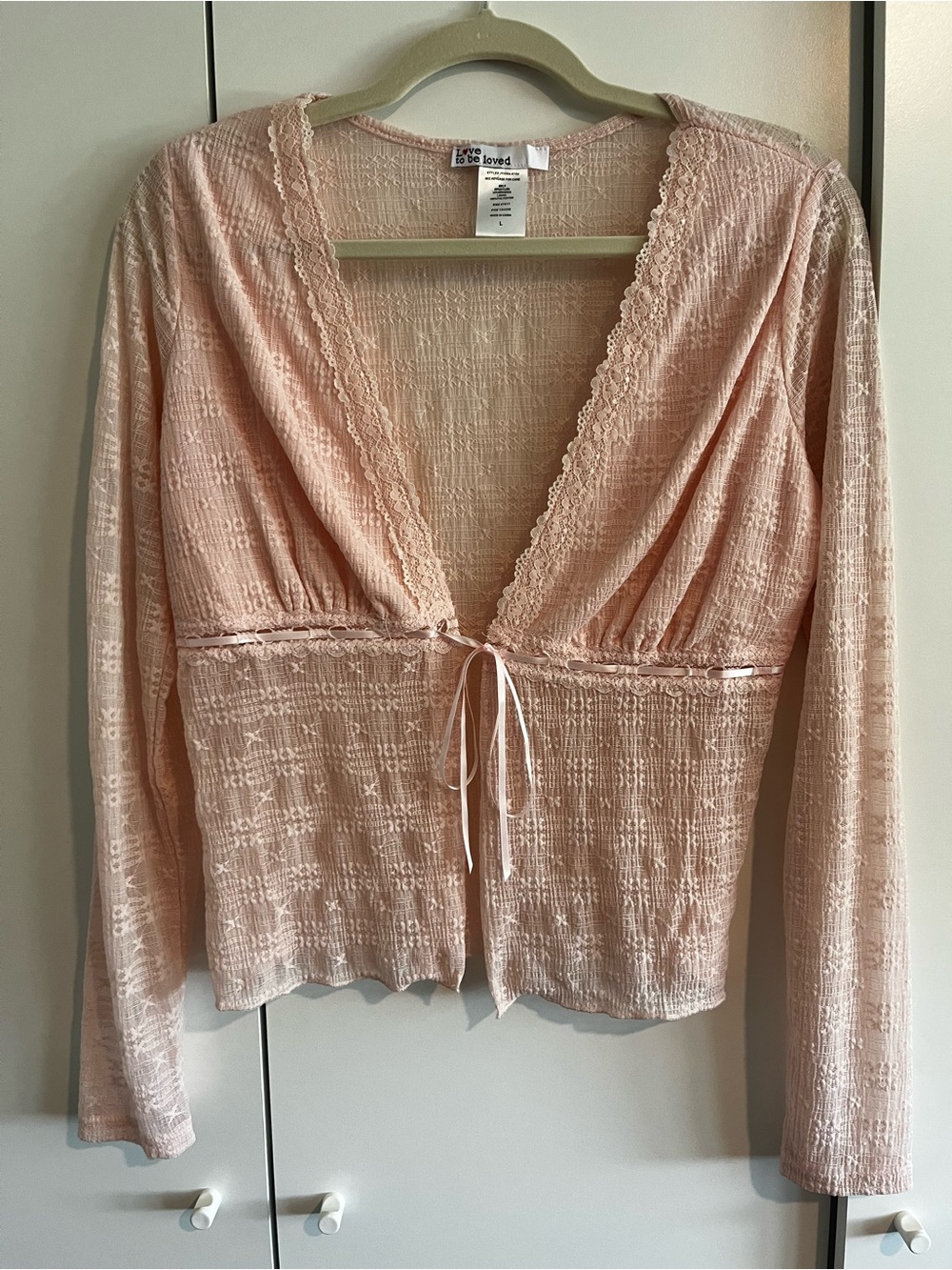 Lace-Trim Tie-Front Long Sleeve Top in Blush Pink